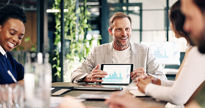 Buy stock photo Business, man and graph in meeting with tablet screen, report or finance data for company revenue. People, reading and team in workplace with digital, audit stats and information for financial growth