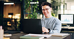 Smile, business and man in office with laptop, research and data analysis for company revenue. Male person, reading and graphs in workplace with pc, audit report and information for financial profit