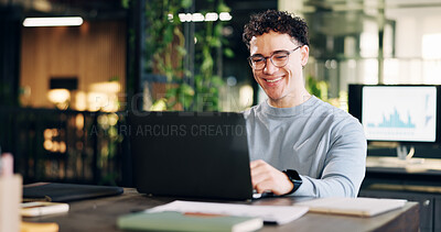 Buy stock photo Smile, business and man in office with laptop, research and data analysis for company revenue. Male person, reading and graphs in workplace with pc, audit report and information for financial profit
