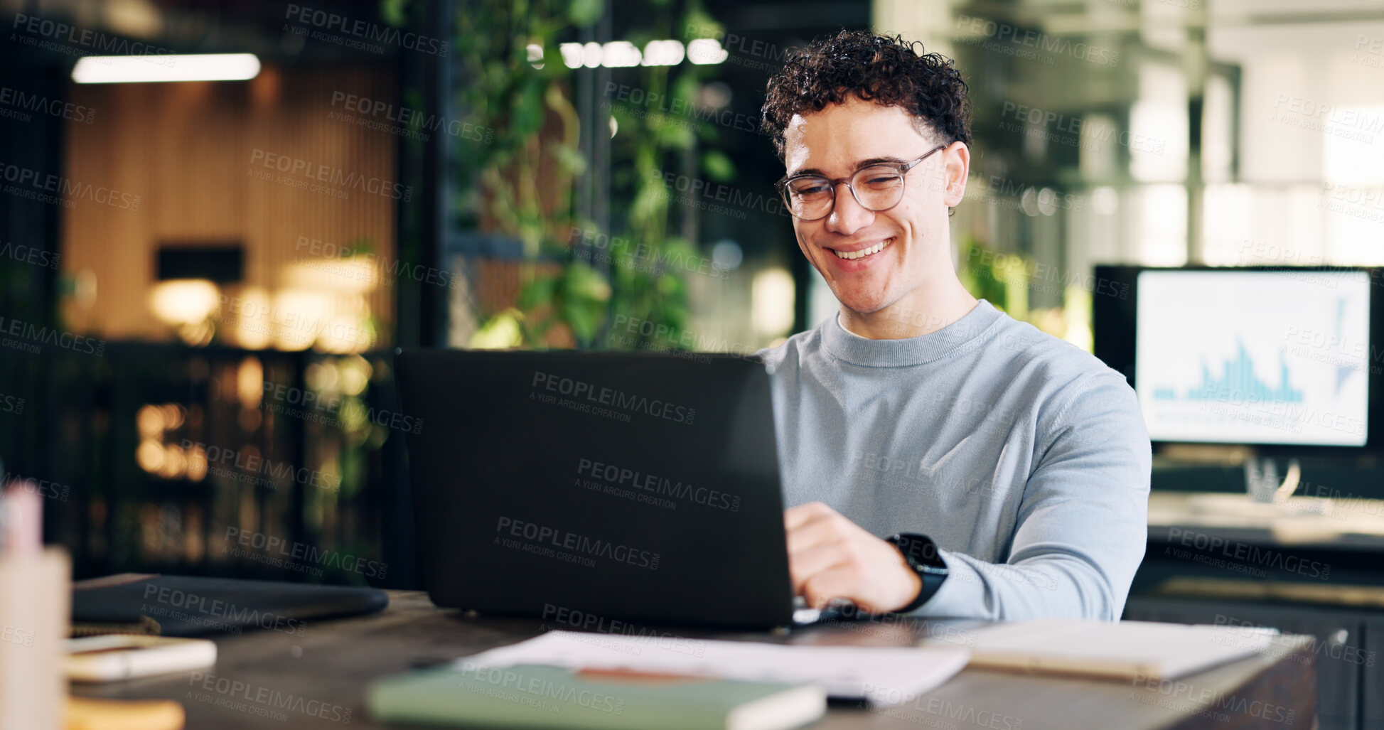 Buy stock photo Smile, business and man in office with laptop, research and data analysis for company revenue. Male person, reading and graphs in workplace with pc, audit report and information for financial profit
