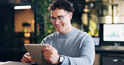 Buy stock photo Tablet, happy and businessman in office with statistics for finance report with stock market analysis. Digital technology, research and financial advisor on app for investment revenue in workplace.