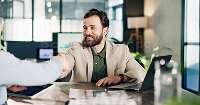 Buy stock photo Handshake, meeting and business men in office for deal, agreement or finance partnership. Happy, discussion and financial advisor shaking hands with investor with investment contract in workplace.