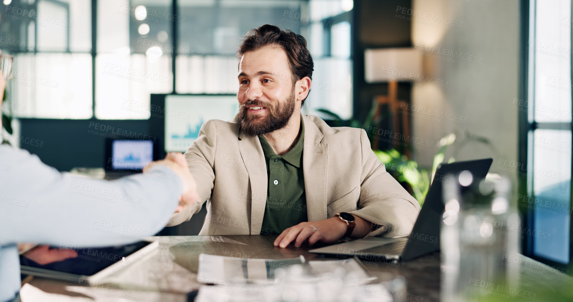 Buy stock photo Handshake, meeting and business men in office for deal, agreement or finance partnership. Happy, discussion and financial advisor shaking hands with investor with investment contract in workplace.