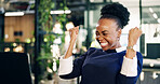Happy, woman and celebration at laptop in office for viral campaign, ROAS target or brand deal. Tech, black person and excited with fist pump at marketing agency for pitch win, ad growth and success