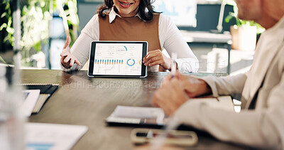 Buy stock photo Hands, woman and graph in meeting with tablet screen, report and finance data for company revenue. People, reading and team in workplace with tech, audit stats and information for financial increase