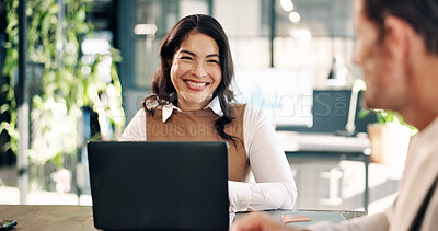 Buy stock photo Smile, business and woman in meeting with laptop, research and data analysis for company revenue. Happy, people or team in workplace with pc, audit strategy and graph information for financial profit