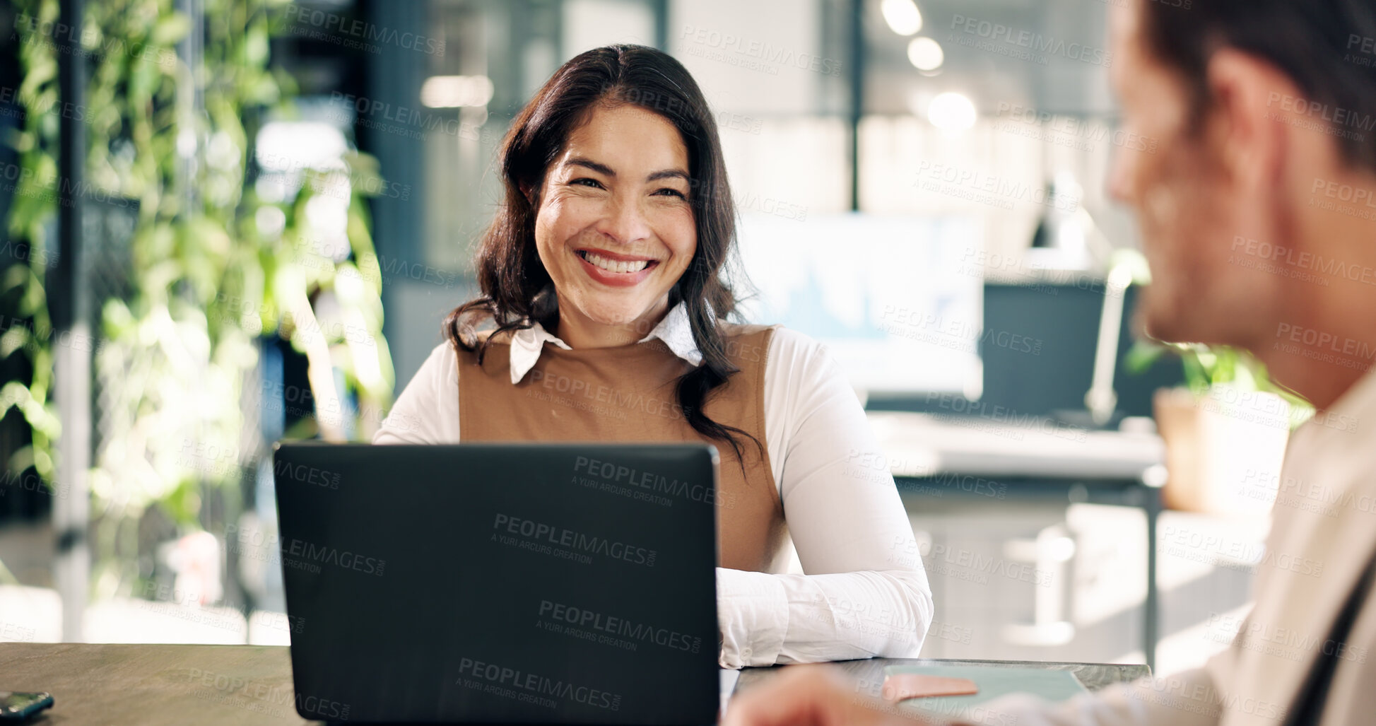 Buy stock photo Smile, business and woman in meeting with laptop, research and data analysis for company revenue. Happy, people or team in workplace with pc, audit strategy and graph information for financial profit
