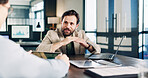 Business, man and meeting in office with laptop, planning and data analysis for company revenue. People, talk or team in workplace with tech, audit strategy and graph information for financial profit