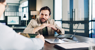 Buy stock photo Business, man and meeting in office with laptop, planning and data analysis for company revenue. People, talk or team in workplace with tech, audit strategy and graph information for financial profit