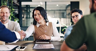 Buy stock photo Handshake, meeting and business people in office for deal, agreement or finance partnership. Happy, discussion and financial advisors shaking hands with investor with investment merger in workplace.