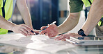 People, architect and hands with blueprint for planning, meeting or building design in office. Contractor, civil engineer or team with floor layout for construction ideas or architecture development