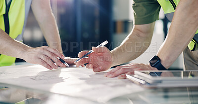 Buy stock photo People, architect and hands with blueprint for planning, meeting or building design in office. Contractor, civil engineer or team with floor layout for construction ideas or architecture development