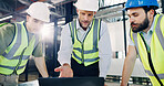 Team, meeting and architect with laptop for construction planning or building design in office. Male people, civil engineer or contractors with computer for architecture development or brainstorming