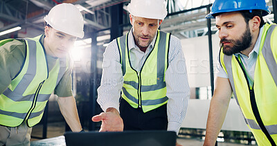 Buy stock photo Team, meeting and architect with laptop for construction planning or building design in office. Male people, civil engineer or contractors with computer for architecture development or brainstorming