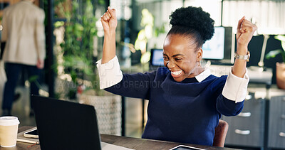Buy stock photo Excited, woman and celebration at laptop in office for viral campaign, ROAS target or brand deal. Tech, marketing manager and happy with fist pump for pitch win email, ad growth and career milestone