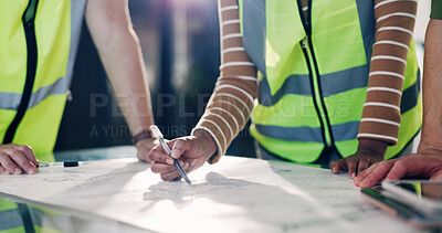 Buy stock photo Team, architect and hands with blueprint for planning, meeting or building design in office. People, civil engineer or contractors with floor layout for construction ideas or architecture development