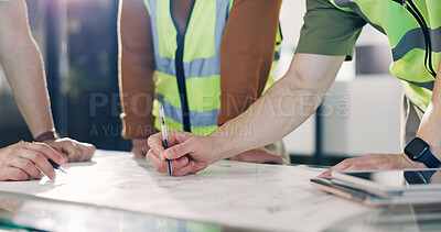 Buy stock photo People, architect and hands with blueprint in office for brainstorming, meeting or building design. Group, civil engineer or team writing with floor layout for architecture planning in workplace