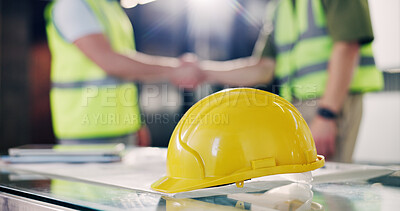 Buy stock photo Helmet, architect or people with handshake for building safety agreement or deal in office. Employee, civil engineer or contractor shaking hands with hard hat for architecture security or partnership