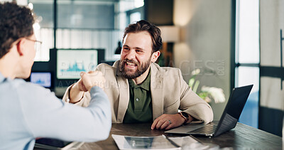 Buy stock photo Excited, man and fist bump in meeting in office for brand deal, employee praise and pride. Happy, marketing team and colleague celebration at laptop for viral campaign, launch success and recognition