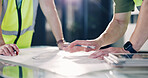 People, architect and hands with blueprint for brainstorming, meeting or building design in office. Contractor, civil engineer or team with floor layout for architecture development or planning