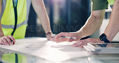 Buy stock photo People, architect and hands with blueprint for brainstorming, meeting or building design in office. Contractor, civil engineer or team with floor layout for architecture development or planning