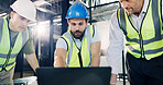Architect, group and meeting with laptop for construction planning or building design in office. Male people, civil engineer or contractors with computer for architecture development or brainstorming