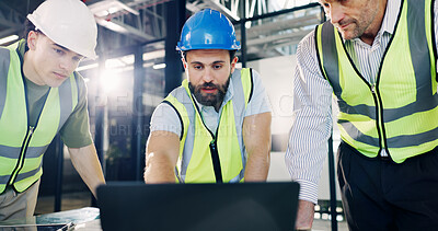 Buy stock photo Architect, group and meeting with laptop for construction planning or building design in office. Male people, civil engineer or contractors with computer for architecture development or brainstorming
