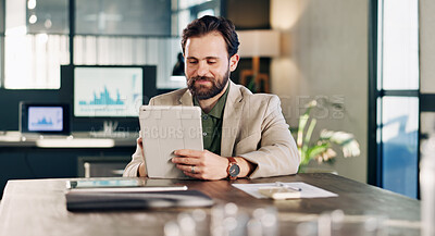 Buy stock photo Business, man and reading in office with tablet, research and data analysis for company revenue. Smile, male person or graphs in workplace with tech, audit report and information for financial profit