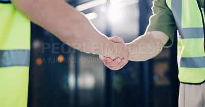 Buy stock photo Architect, people or partnership with handshake for construction agreement or deal in office. Employees, civil engineer or contractor shaking hands with for architecture or building development