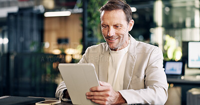 Buy stock photo Tablet, smile and businessman in office with statistics for finance report with stock market analysis. Technology, research and mature financial advisor on app for investment revenue in workplace.