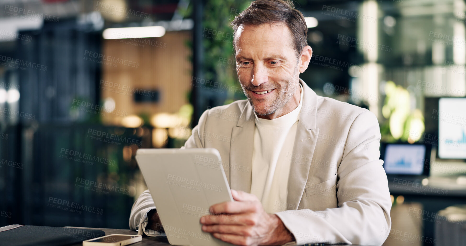 Buy stock photo Tablet, smile and businessman in office with statistics for finance report with stock market analysis. Technology, research and mature financial advisor on app for investment revenue in workplace.