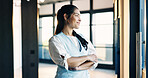 Happy, realtor and businesswoman with arms crossed, think and planning for property listing or ideas. Real estate agent, reflection and person with decision for project, contemplating and remember