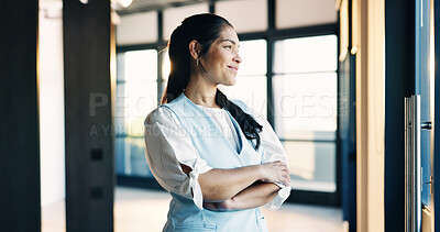 Buy stock photo Happy, realtor and businesswoman with arms crossed, think and planning for property listing or ideas. Real estate agent, reflection and person with decision for project, contemplating and remember