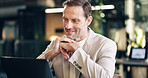 Business, happy and mature man on laptop for financial review, data analytics and budget planning. Office, computer and person with good news for finance proposal, online report and audit approval
