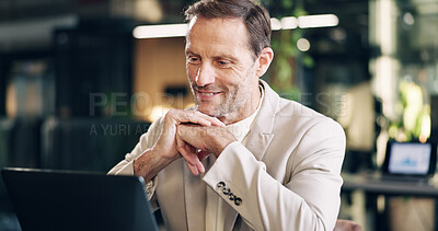 Buy stock photo Business, happy and mature man on laptop for financial review, data analytics and budget planning. Office, computer and person with good news for finance proposal, online report and audit approval
