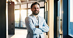 Portrait, realtor and businessman with arms crossed, smile and ambition for career growth or project. Happy, real estate agent and person with pride, investment opportunity or property listing in USA