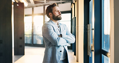 Buy stock photo Serious, realtor and businessman with arms crossed, think and planning for property listing or ideas. Real estate agent, reflection and person with decision for project, contemplating and remember