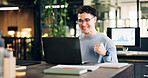 Excited, man and celebration at laptop in office for viral campaign, industry award or brand deal. Graphs, happy employee and fist pump at tech for KPI target, marketing success and career milestone