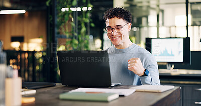 Buy stock photo Excited, man and celebration at laptop in office for viral campaign, industry award or brand deal. Graphs, happy employee and fist pump at tech for KPI target, marketing success and career milestone