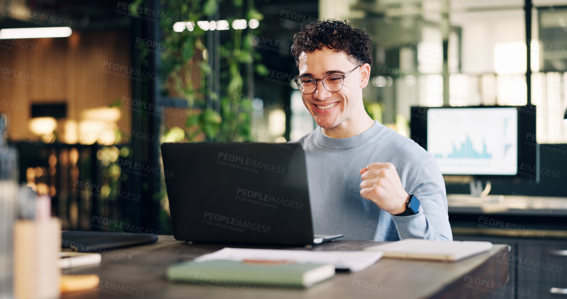 Buy stock photo Excited, man and celebration at laptop in office for viral campaign, industry award or brand deal. Graphs, happy employee and fist pump at tech for KPI target, marketing success and career milestone