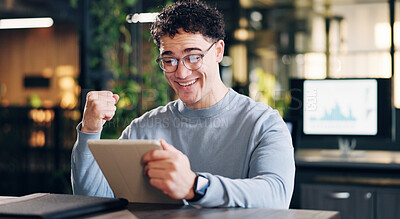 Buy stock photo Success, man and celebration with tablet in office for campaign launch, creative win or stats. Marketing, happy person and fist pump with tech for pitch approval, revenue target and brand performance