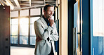 Thinking, smile and businessman with arms crossed in building, realtor or plan for property listing. Real estate agent, reflection and happy person with decision for project, contemplating and choice