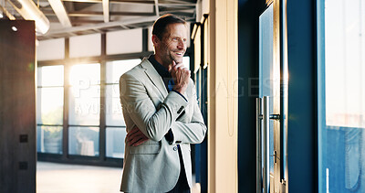 Buy stock photo Thinking, smile and businessman with arms crossed in building, realtor or plan for property listing. Real estate agent, reflection and happy person with decision for project, contemplating and choice