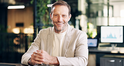 Buy stock photo Happy, professional and portrait of businessman in office with confidence for finance career. Smile, statistics and mature financial manager with pride for corporate about us in workplace in Canada.