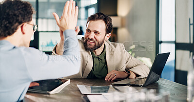 Buy stock photo Excited, woman or high five in meeting in office for brand partnership, employee praise or pride. Happy, marketing manager or colleague celebration at desk for campaign launch, ROAS target or support