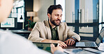Smile, business and man in meeting with laptop, planning and data analysis for company revenue. Happy, people or team in workplace with tech, audit strategy and graph information for financial profit