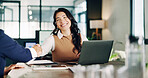 Handshake, meeting and business people in office for contract, agreement or finance partnership. Happy, discussion and financial advisor shaking hands with investor with investment deal in workplace.