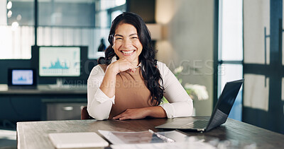 Buy stock photo Portrait, happy and business woman in office for advisor, investment job and pride at finance agency. Graph, desk and person with laptop, documents and smile for financial proposal, report and audit