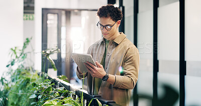 Buy stock photo Man, reading and tablet in office with sustainable business, research or idea with ESG compliance. Person, agenda and online in eco friendly company with tech, review or audit for carbon footprint