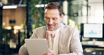 Buy stock photo Tablet, reading and businessman in office with statistics for finance report with stock market analysis. Technology, research and mature financial advisor on app for investment revenue in workplace.